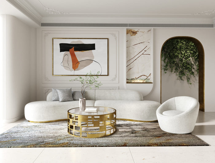 Giovanni 150" Glam Beige Fabric Curved Sectional Sofa with Beige Pillows