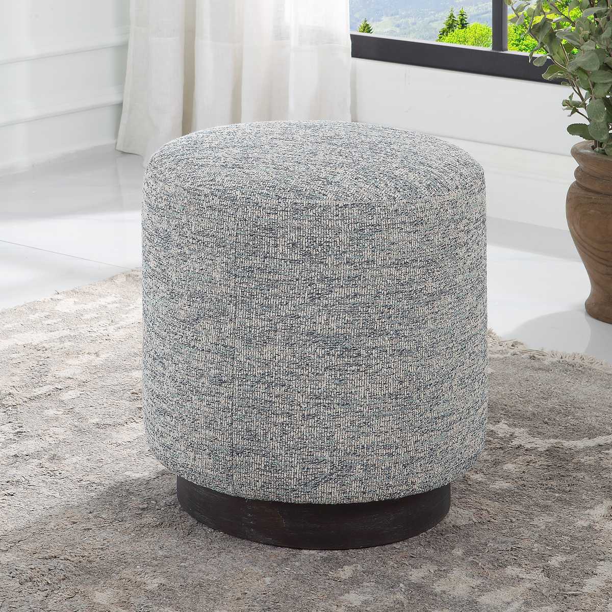Messeta 16" Blue & White Tweed & Dark Walnut Oak Ottoman
