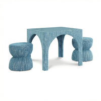 Teresa Teal Performance Chenille Game Table and Two Ottomans Set