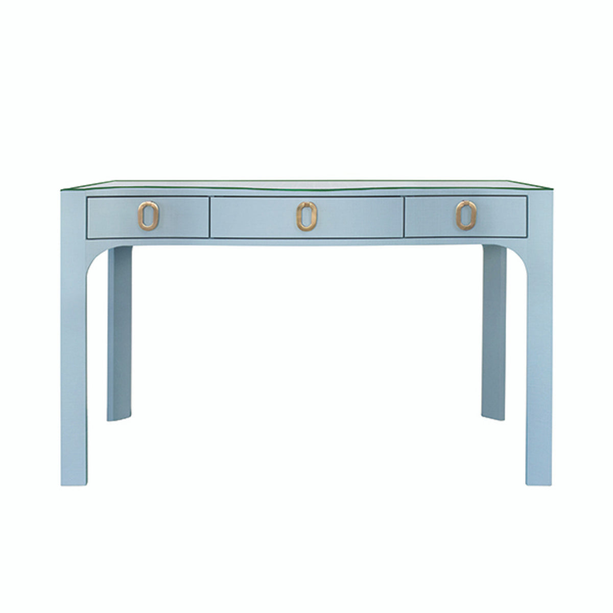 Amellia Light Blue Linen Glass Top Desk with Gold Accents