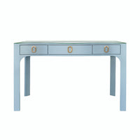 Amellia Light Blue Linen Glass Top Desk with Gold Accents