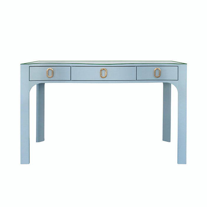 Amellia Light Blue Linen Glass Top Desk with Gold Accents