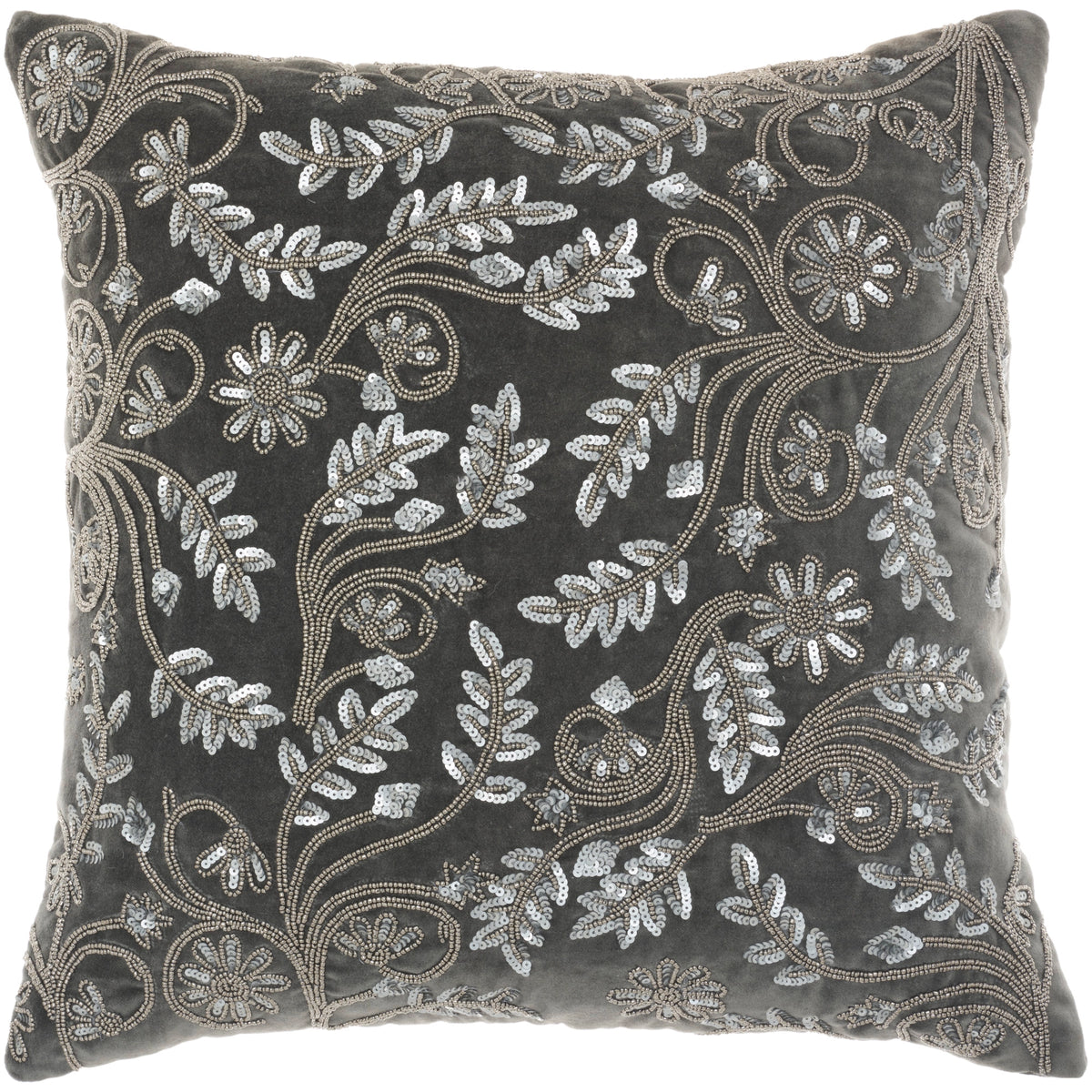 Delilah Grey Velvet 20" Hand-Beaded & Sequined Throw Pillow