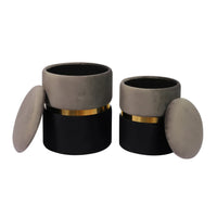 Lia Round Grey and Black Performance Velvet Storage Ottomans (Set of 2)