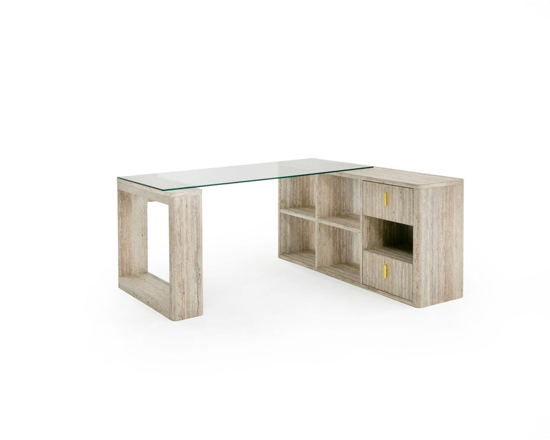 Roma Modern Glass & Faux Travertine Reversible Desk