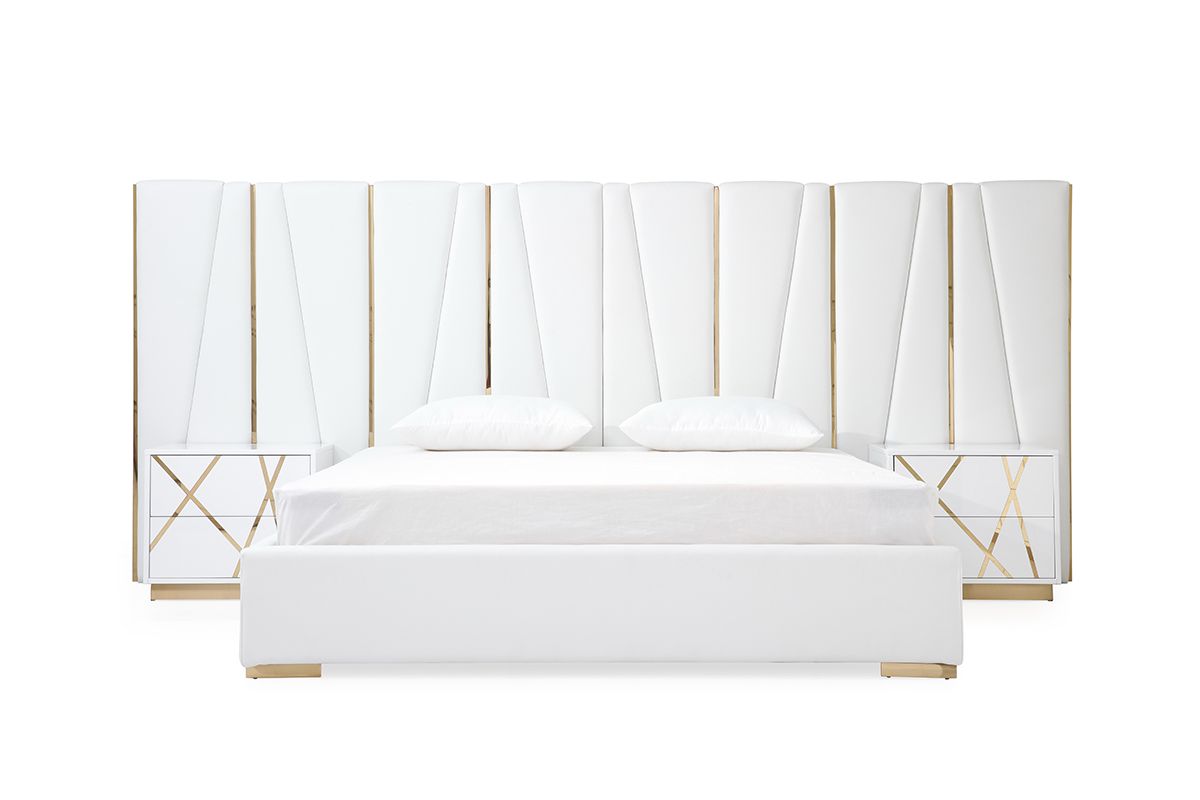 Ivo Modern White Bonded Leather & Gold Bed