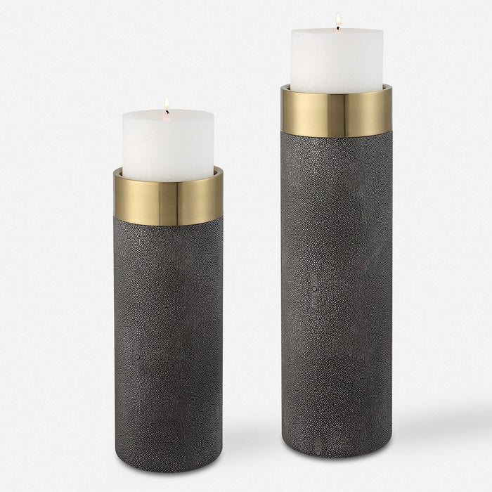 Lia Grey Faux Shagreen & Gold Candleholders (Set of 2)