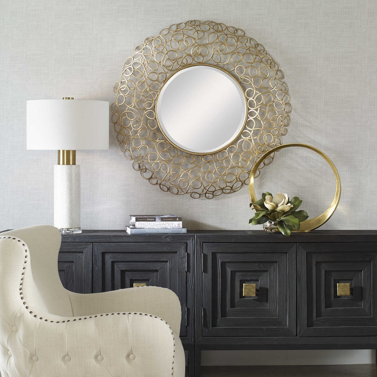 Penelope 42" Curled Gold Leaf Round Mirror