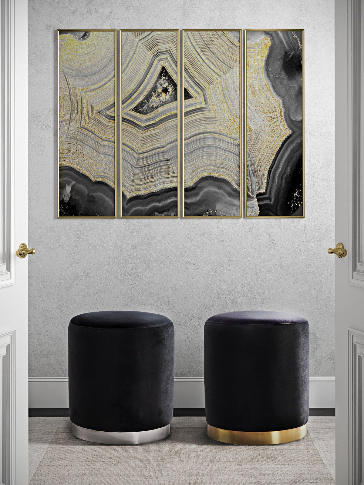 Naama Black Performance Velvet with Gold Base Ottoman