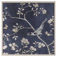 Birds in the Garden II Blue Silk Wall Art with Gold & Silver Leaf Accents