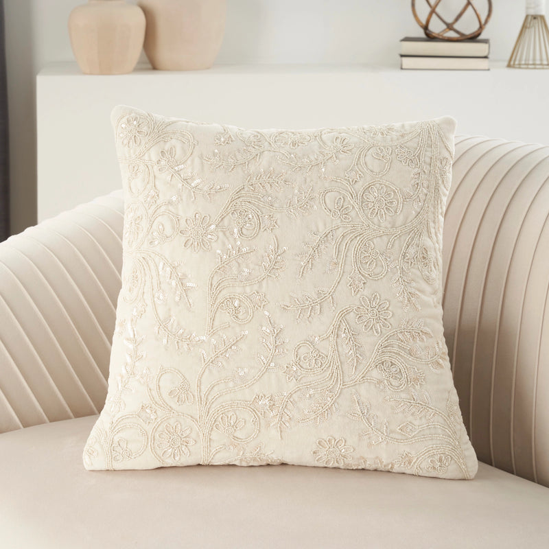 Delilah Ivory Velvet 20" Hand-Beaded & Sequined Throw Pillow