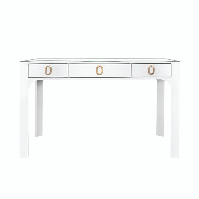 Amellia White Linen Glass Top Desk with Gold Accents
