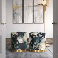 Naama Floral Performance Velvet with Gold Base Ottoman