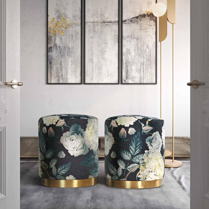 Naama Floral Performance Velvet with Gold Base Ottoman