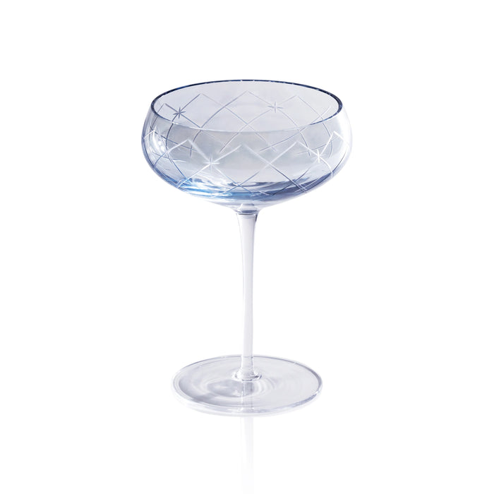 Audrey Blue Hand Etched Martini/Champagne Glass  - Set of 8