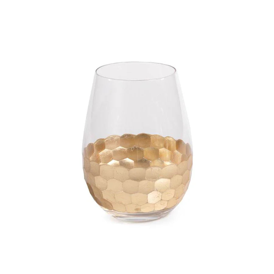 Fez Cut Stemless Wine Glass with Gold Leaf- Set of 12