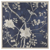 Birds in the Garden I Blue Silk Wall Art with Gold & Silver Leaf Accents