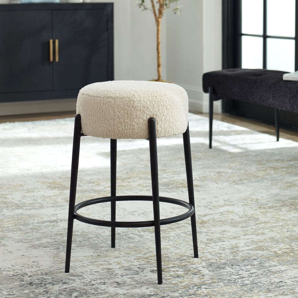 Riely White Faux Shearling & Black Counter Stool