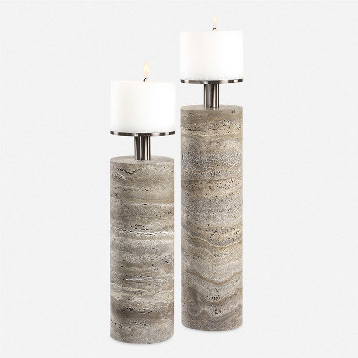 Moore Grey Travertine Candleholders (Set of 2)