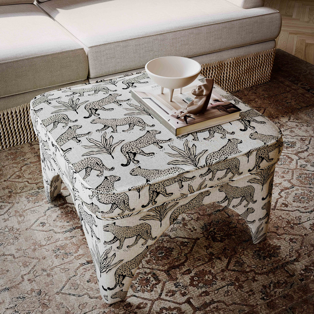 Kaelie Taupe Leopard Performance Jacquard Ottoman