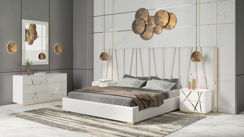 Ivo Modern White Faux Leather & Gold Bedroom Set