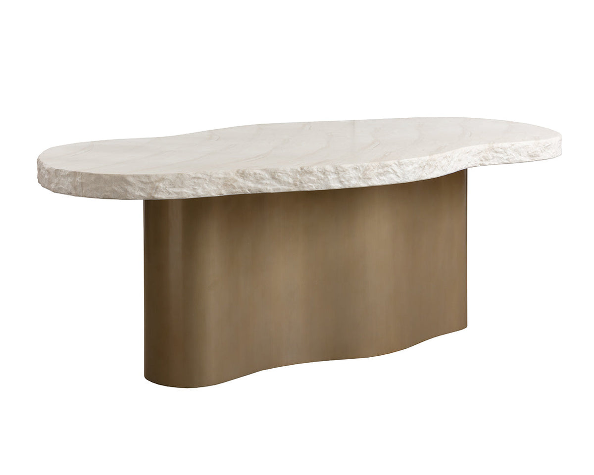 Idris 85.5" Faux Travertine Concrete & Brass Indoor/Outdoor Dining Table