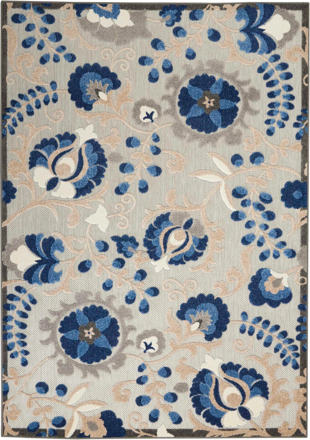 Annitra Indoor/Outdoor Natural Blue Swirling Vines Design Area Rug - Elegance Collection