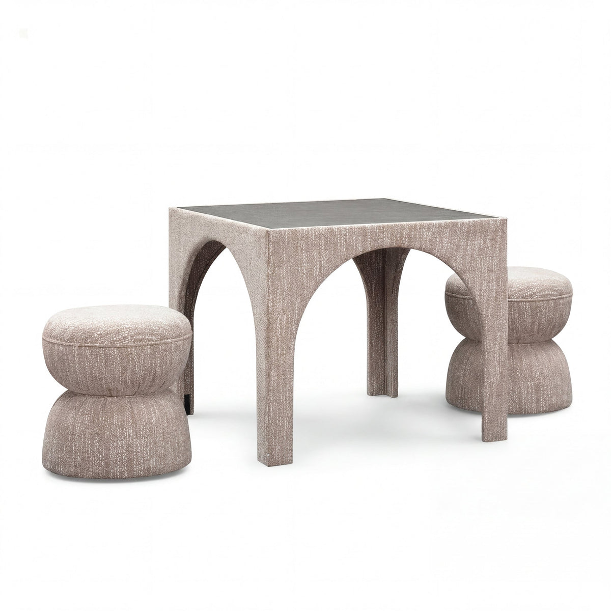 Teresa Beige Performance Chenille Game Table and Two Ottomans Set