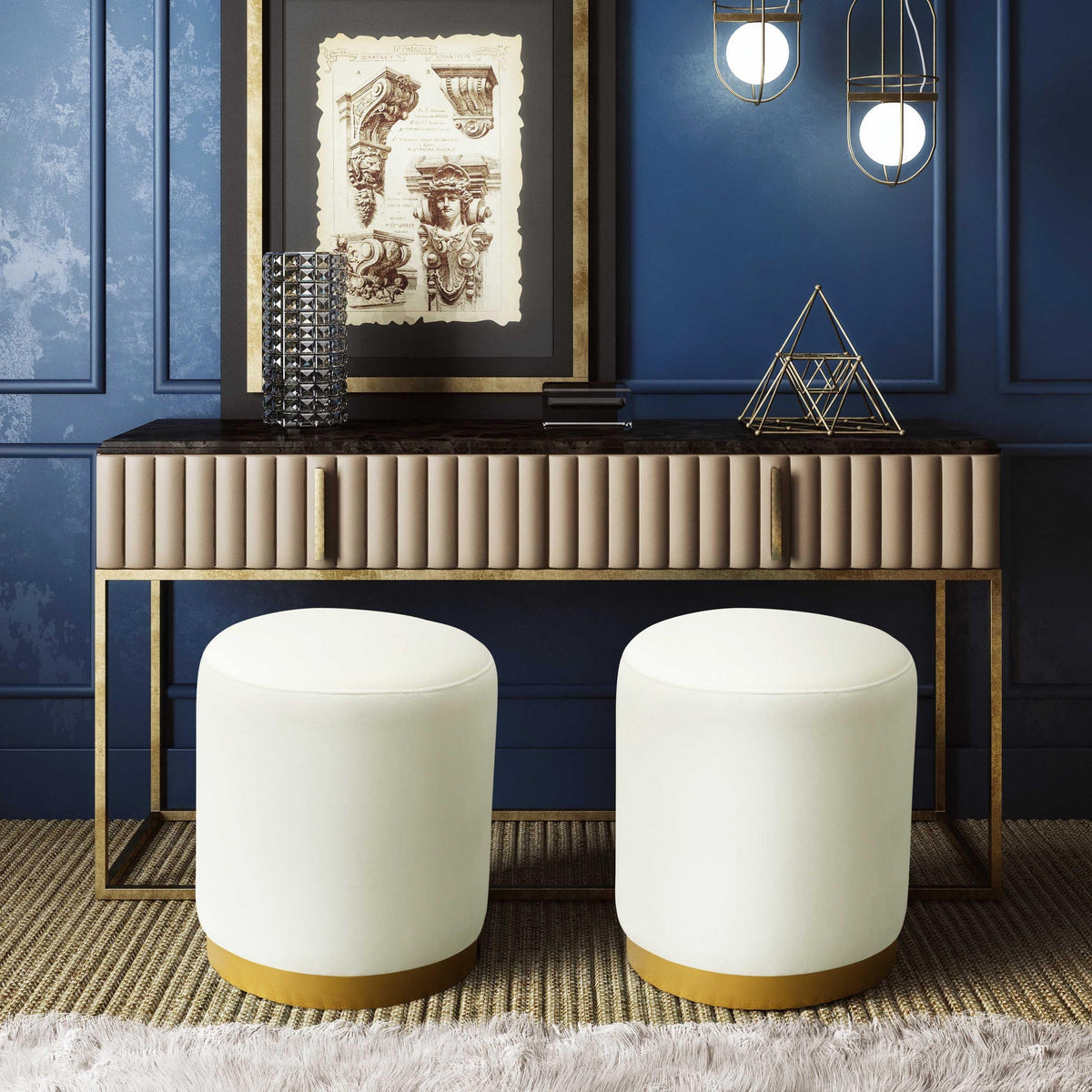 Naama Cream Performance Velvet with Gold Base Ottoman