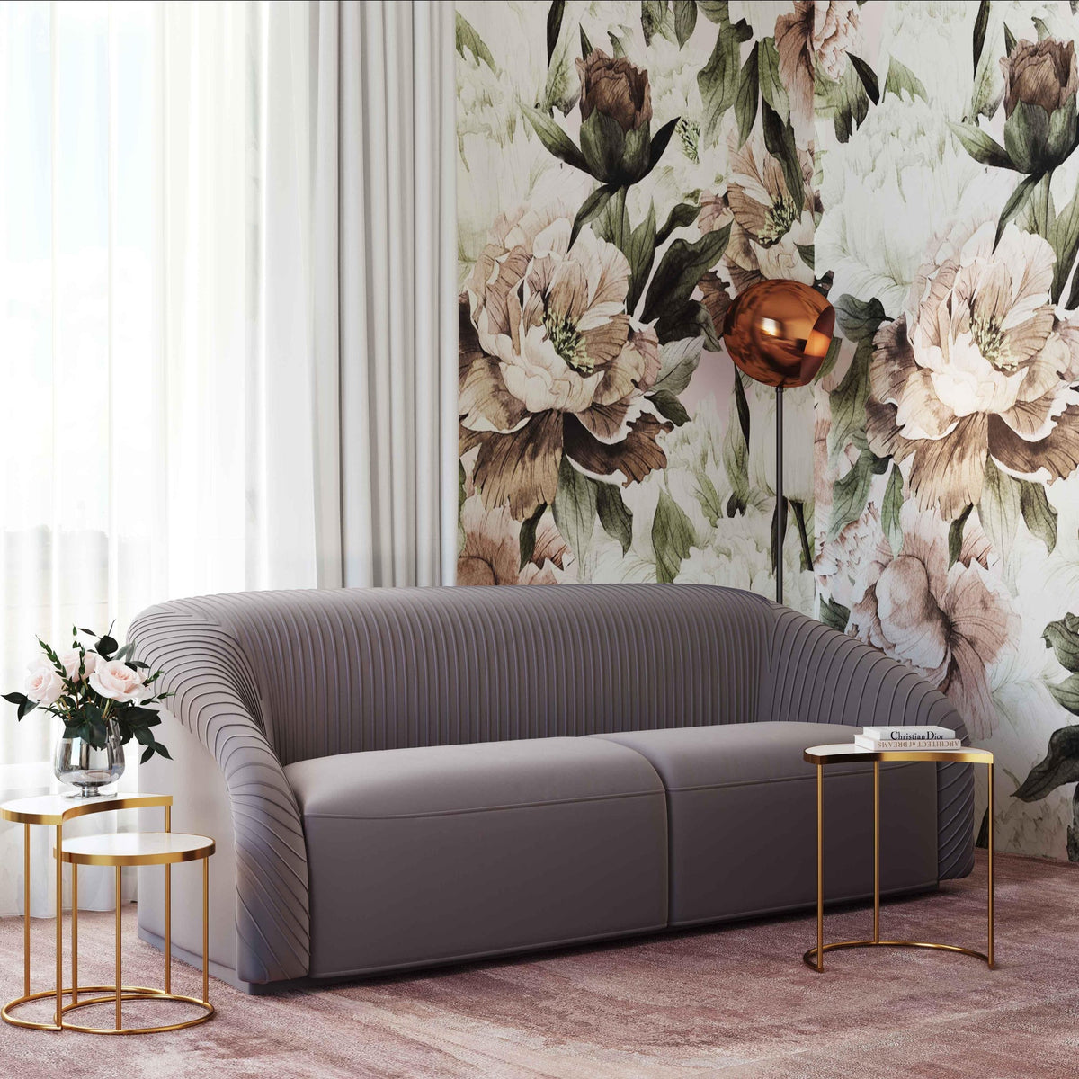 Gigi 90.6" Grey Pleated Performance Velvet Sofa