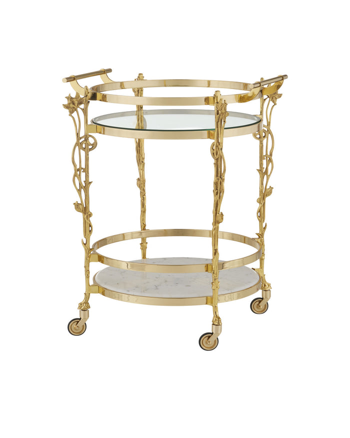 Fiore White Marble & Polished Brass Bar Cart