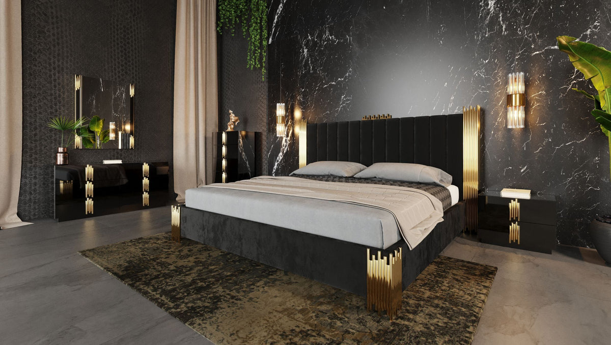Aurelius Modern Black Velvet & Gold King Bed