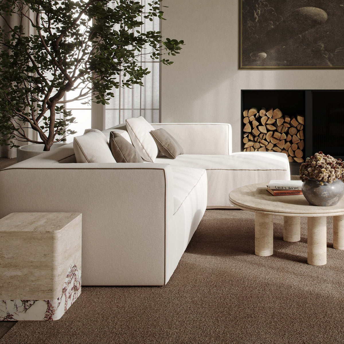 Isla 111” Cream Linen RAF Sectional Sofa