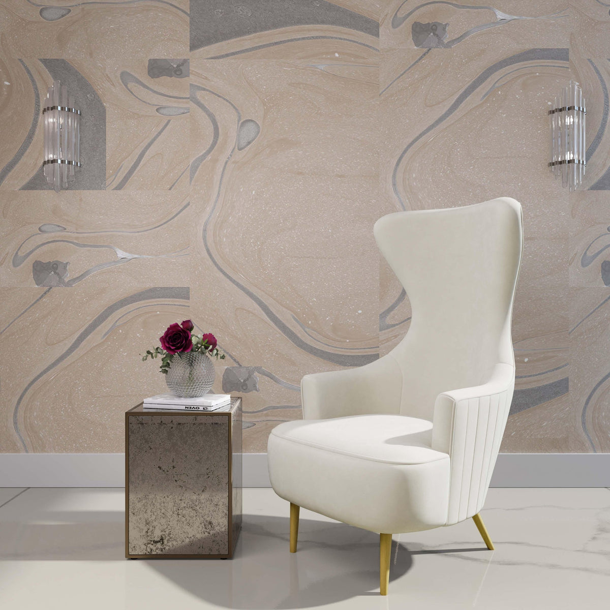 Versailles Cream Performance Velvet Channel Tufted Wingback Chair
