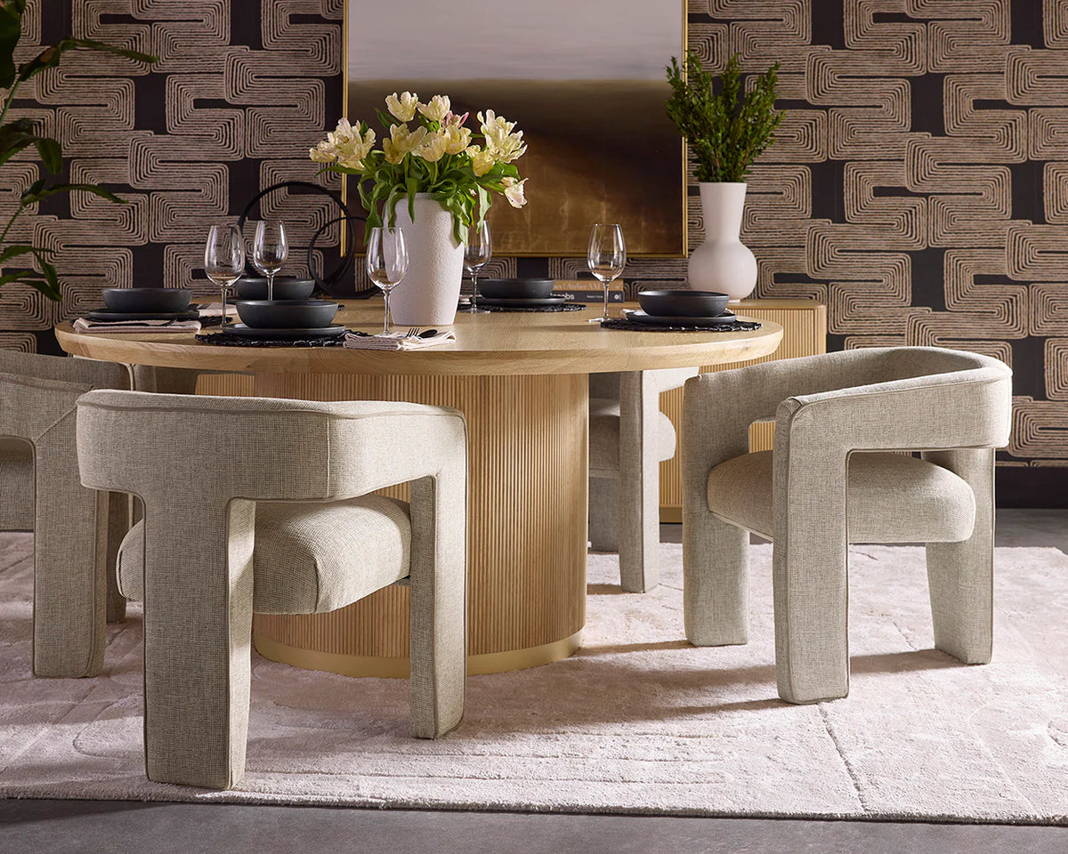 Krasner Sand Fabric & Mocha Piping Dining Armchair