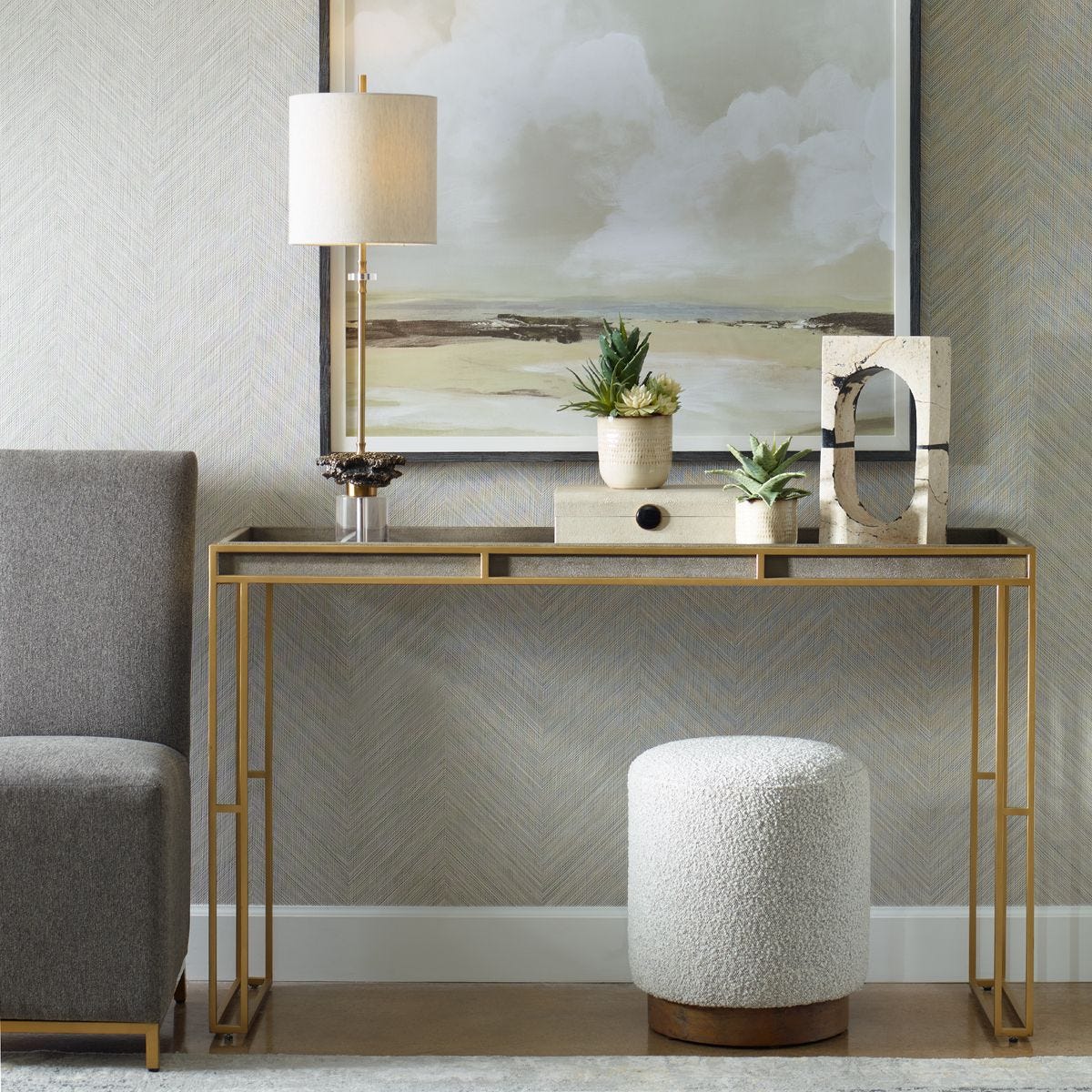 Crawford 54" Charcoal Grey Faux Shagreen & Brass Console Table