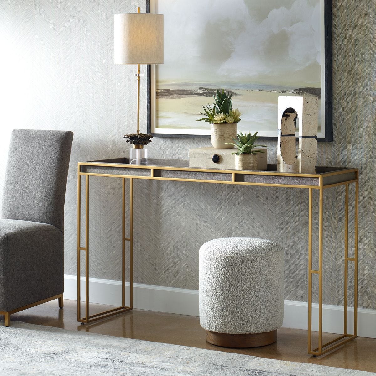 Crawford 54" Charcoal Grey Faux Shagreen & Brass Console Table