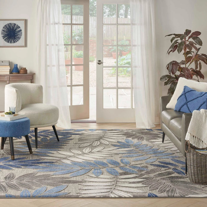 Annitra Indoor/Outdoor Grey & Blue Leaf Area Rug - Elegance Collection