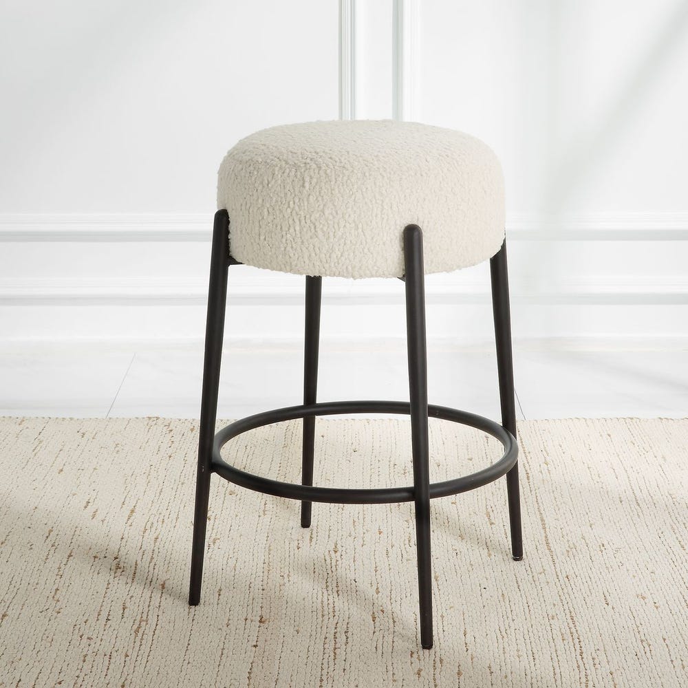 Riely White Faux Shearling & Black Counter Stool