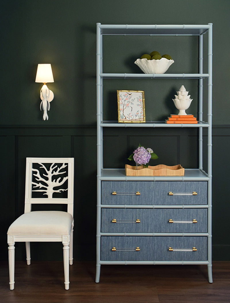 Fiona Light Blue Grasscloth & Gold Etagere
