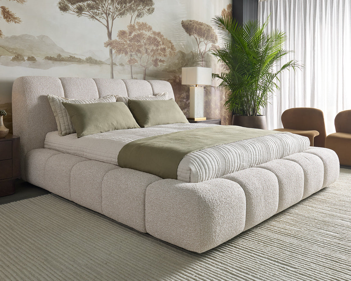 Olena Oatmeal Plush Upholstered Channel Bed