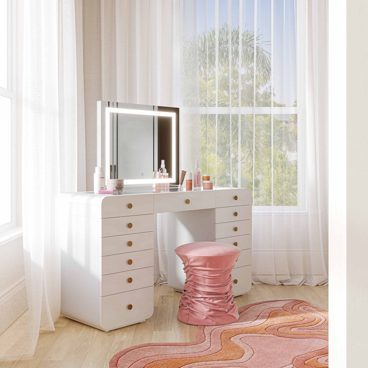 Hollywood 56" White Desk with LED Panel Vanity Mirror (2 Sizes Available)