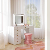 Hollywood 56" White Desk with LED Panel Vanity Mirror (2 Sizes Available)