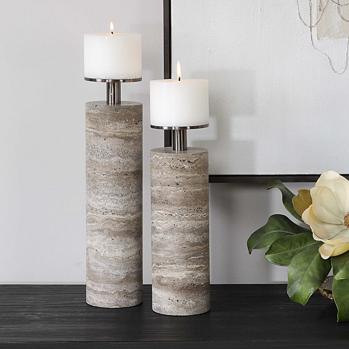 Moore Grey Travertine Candleholders (Set of 2)