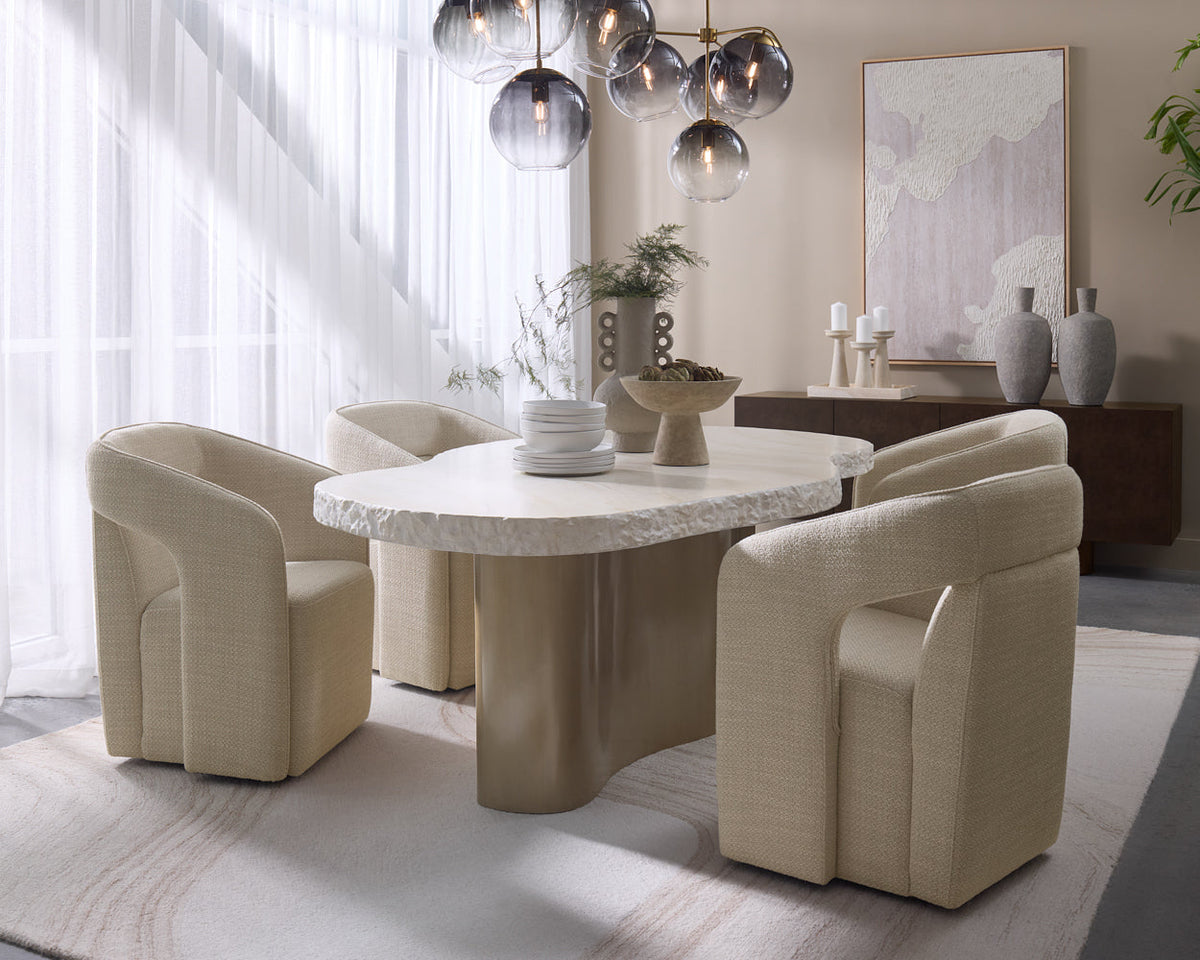 Idris 85.5" Faux Travertine Concrete & Brass Indoor/Outdoor Dining Table