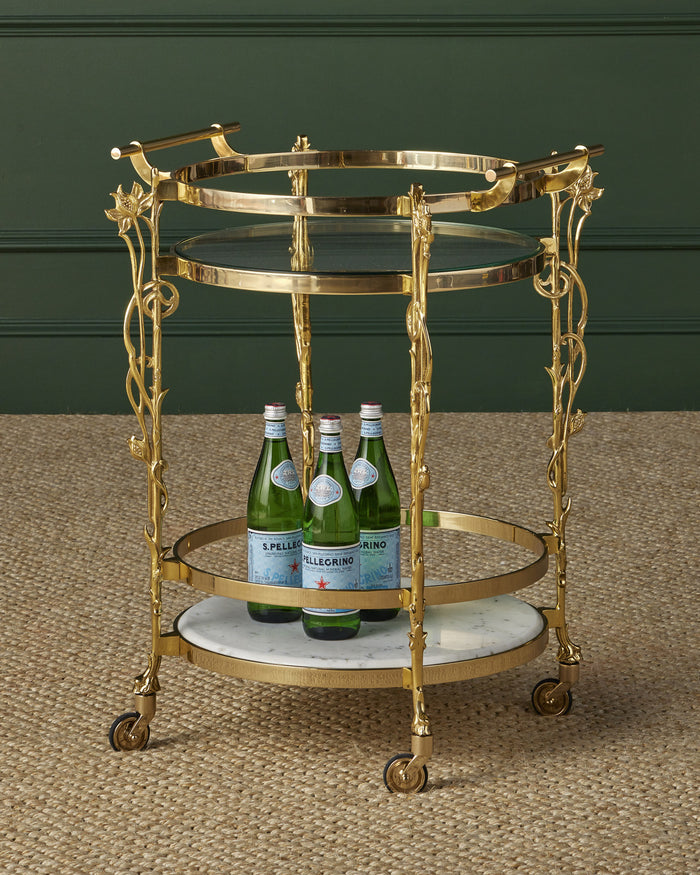 Fiore White Marble & Polished Brass Bar Cart