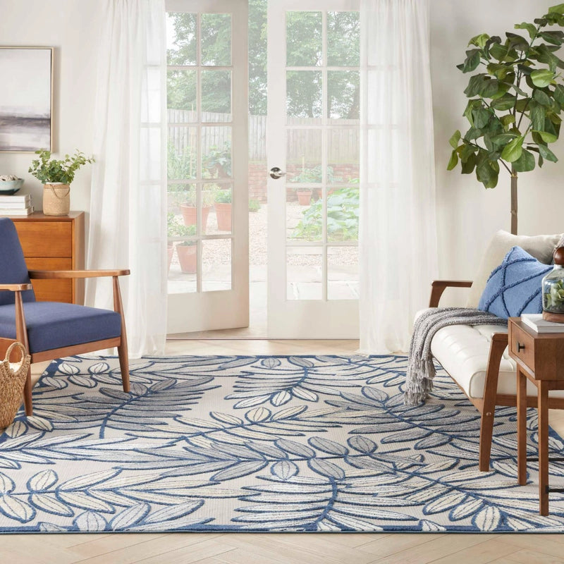 Annitra Indoor/Outdoor Ivory & Navy Leaf Design Area Rug - Elegance Collection