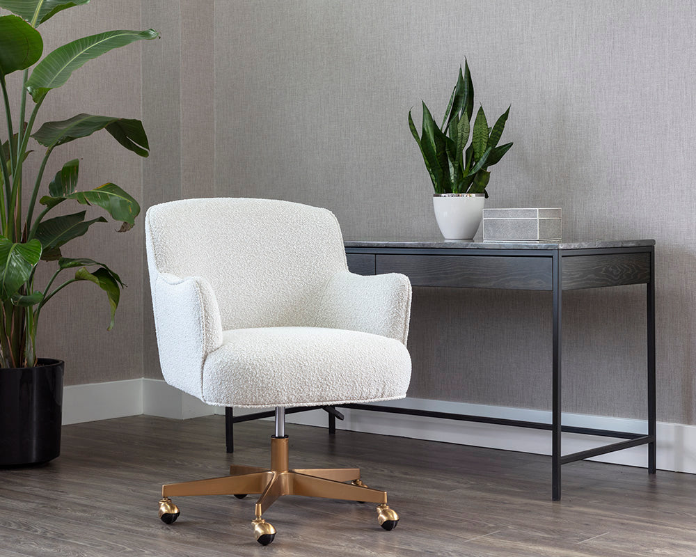 Karina White Boucle & Gold Curved Desk Chair