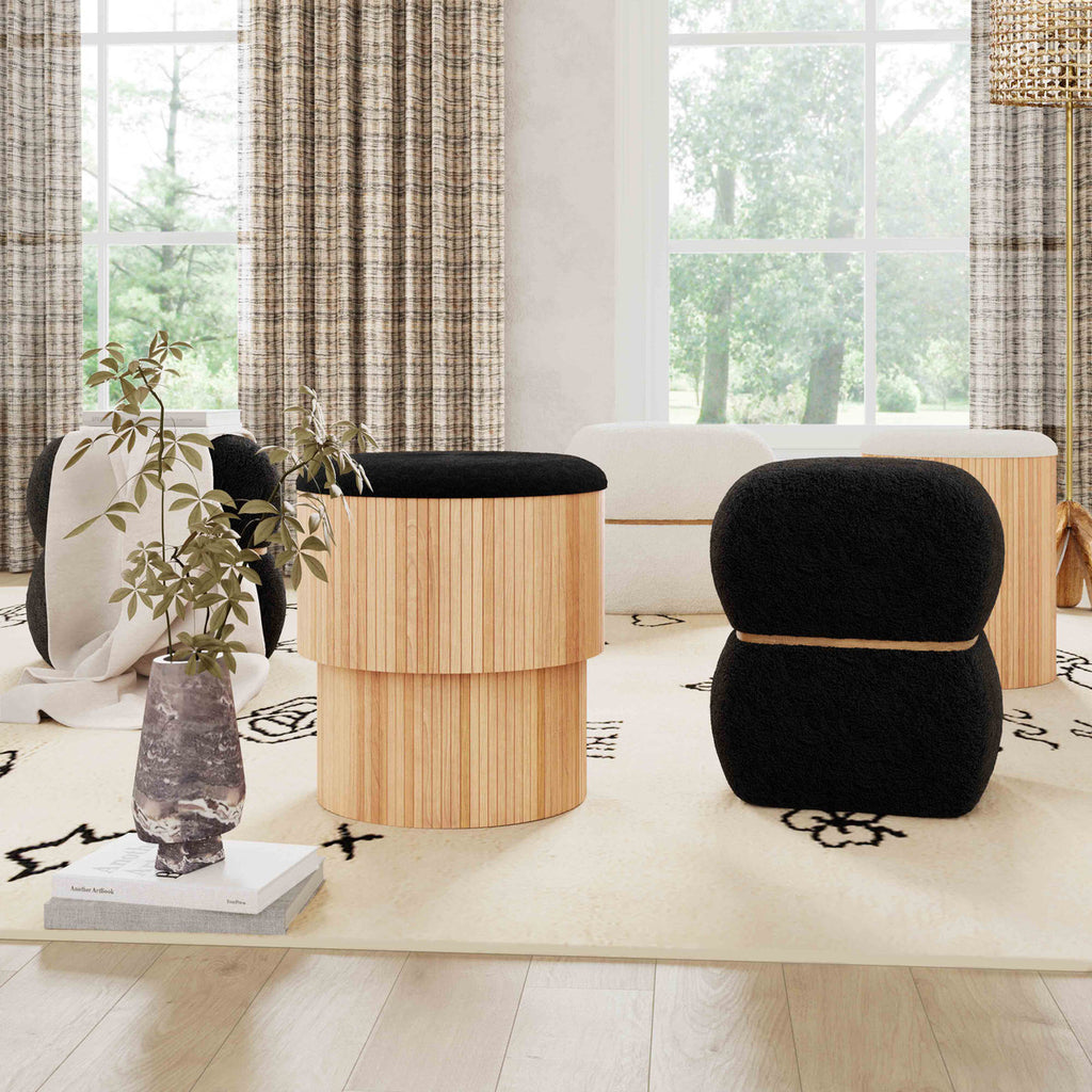 Palmer Black Vegan Shearling Oval Ottoman - Luxury Living Collection