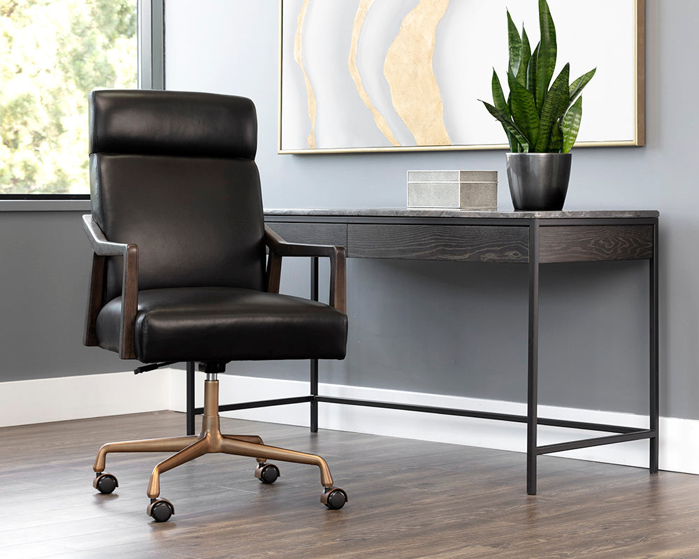 Collin Black Leather & Oak Brushed Gold Desk Chair